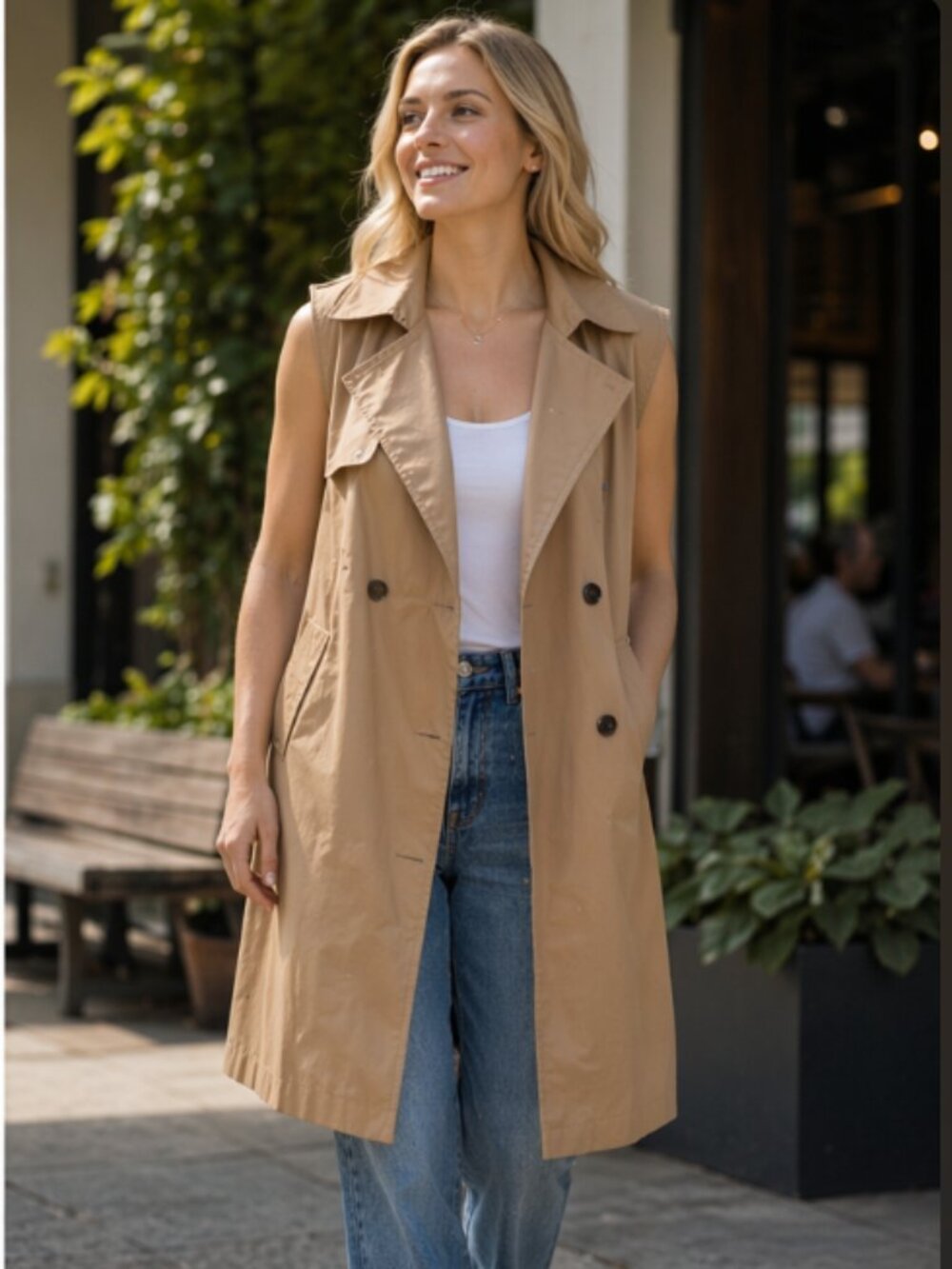 Women Beige Gilet Gun flap Trench Vest Medium